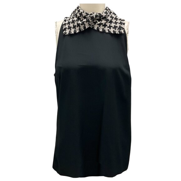 CHANEL Tops - Chanel Black 2009 Tweed Collar Sleeveless Silk Blouse